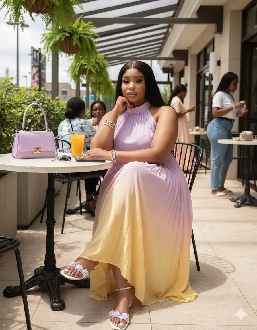 Create a photo realistic picture using my face and features of a curvy mid size woman in an outdoor wide shot She’s wearing a floor length , high neck sleeveless ombré flowy A shaped chiffon pleated maxi dress transitioning from lilac to peach to yellow, with silver bangles and bracelets and white thong flat slipper with lilac flowers on it and a silver anklet She’s seated in a covered open space chic trendy pastry shop with her legs crossed and elbows on the table while her head rests on her palm , the floor is rough cream tiles and a few hanging plants There’s fresh juice , keys , phone and a cute lilac bag on the table while and 3-4 well dressed black people in the background Her hair is black , waist length long silky straight middle part flowing down her shoulders with subtle makeup with dark brown and light brown lip combo In an editorial photo with flash focus on her #gemini #fyp #trendy 