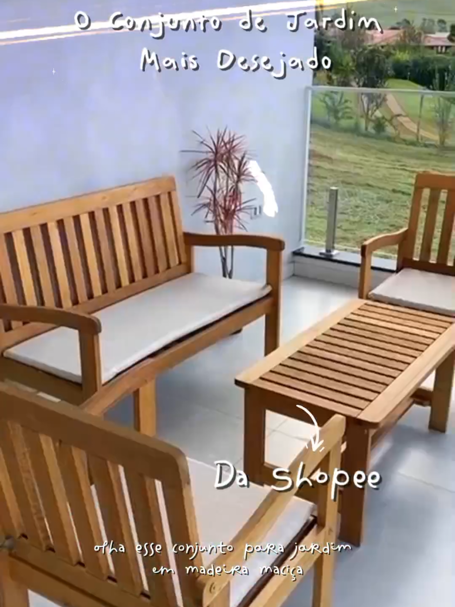 Viva o melhor do conforto ao ar livre! O Conjunto para Jardim em Madeira Maciça Robust une resistência, design rústico e almofadas super confortáveis 💕 Ideal pra varandas, jardins ou áreas gourmet, ele transforma qualquer espaço em um refúgio de aconchego e charme 😍 Durável, elegante e feito pra momentos inesquecíveis ☀️🪵 #moveisdejardim #decoracaorustica #achadinhosshopee #shopeebrasil #areagourmet 