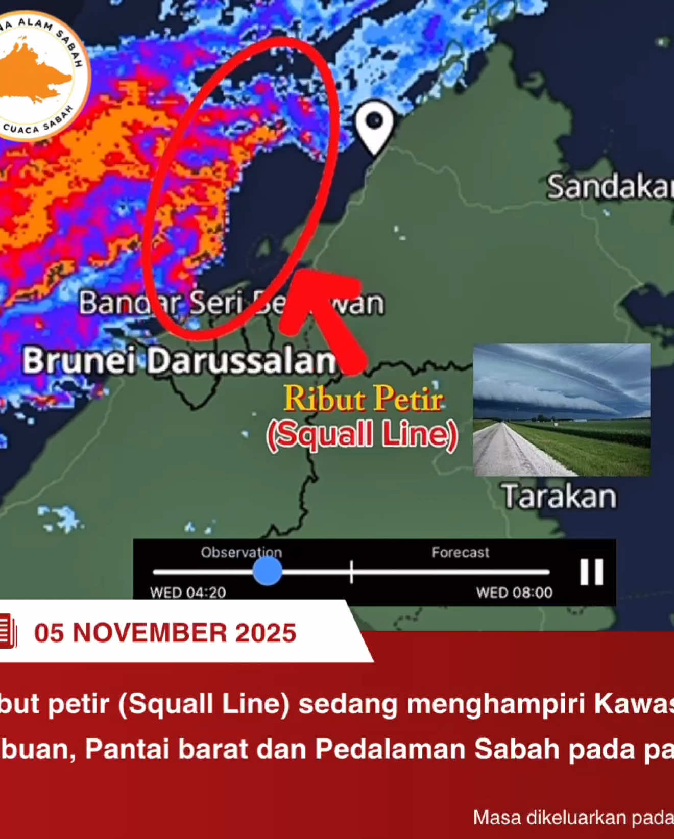 ⚠️🌧️ AMARAN CUACA: RIBUT PETIR (SQUALL LINE ) ‼️⛈️ ⏰ Dikeluarkan: 6:55 Pagi, 05 November 2025 ⌛️ Sah sehingga: Tengah Hari, 05 November 2025 📍 Kawasan terlibat: 1️⃣Pantai Barat Sabah,  2️⃣Pedalaman Sabah 3️⃣ W.P Labuan ⚡ Amaran: Ribut petir (Squall Line) sedang aktif di perairan barat Sabah dan kini sedang bergerak ke daratan. Kejadian ini dijangka membawa hujan lebat serta angin kencang di kawasan yang terlibat. ⚠️ Keadaan ini disebabkan oleh pembentukan awan hujan (kumulonimbus) yang berpotensi membawa hujan lebat berserta angin kencang di kawasan berisiko tinggi. ⚡️ Cuaca ini berkait dengan pengaruh Taufan Kalmaegi (Tino) yang sedang aktif berhampiran Filipina, menyebabkan: • Angin monsun barat daya menolak sistem cuaca buruk ke Pantai Barat Sabah • Tumpuan angin menyebabkan awan hujan kekal di kawasan yang sama 🔔 Nasihat: Orang ramai dinasihatkan agar berwaspada terhadap tiupan angin kuat, serta mengelak aktiviti laut dan kawasan terbuka sepanjang tempoh amaran ini. -Bencana Alam Sabah #AmaranCuaca #SquallLine #RibutPetir #Anginkencang #fyp 