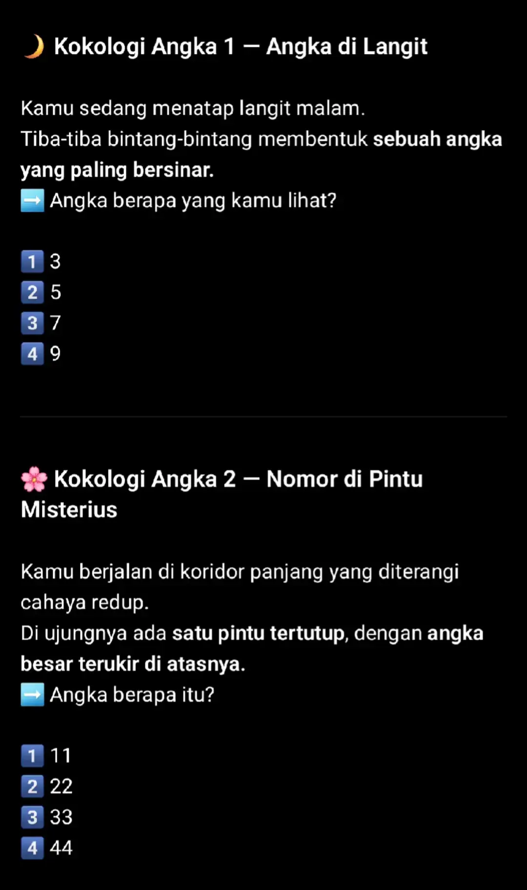 Ada angka yang bersinar di langit, angka di balik pintu misterius, dan angka yang akhirnya harus kamu lepaskan. Setiap pilihan punya cerita, setiap angka menyimpan makna. Kamu pilih yang mana? 💭 #Kokologi #psychologytest #teskepribadian #fypシ #fyp 