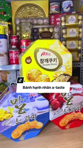 Bánh hạnh nhân A-Taste hộp thiếc 3 tông màu kèm túi xinh lắm nè #bánh #banhhanhnhan #ataste #banhkeotet #setquatet 