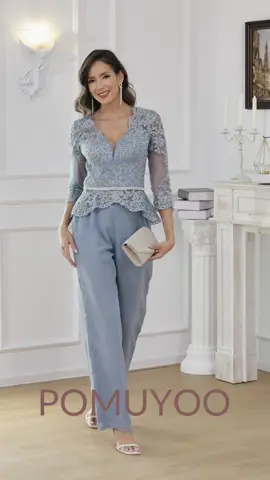 Enchanting V Neck Beading Two Pieces Lace Mother Of The Bride Pantsuit #weddinginspo2026 #bluewedding💙 #momdress #mobdresses #pantsuit #moboutfit 