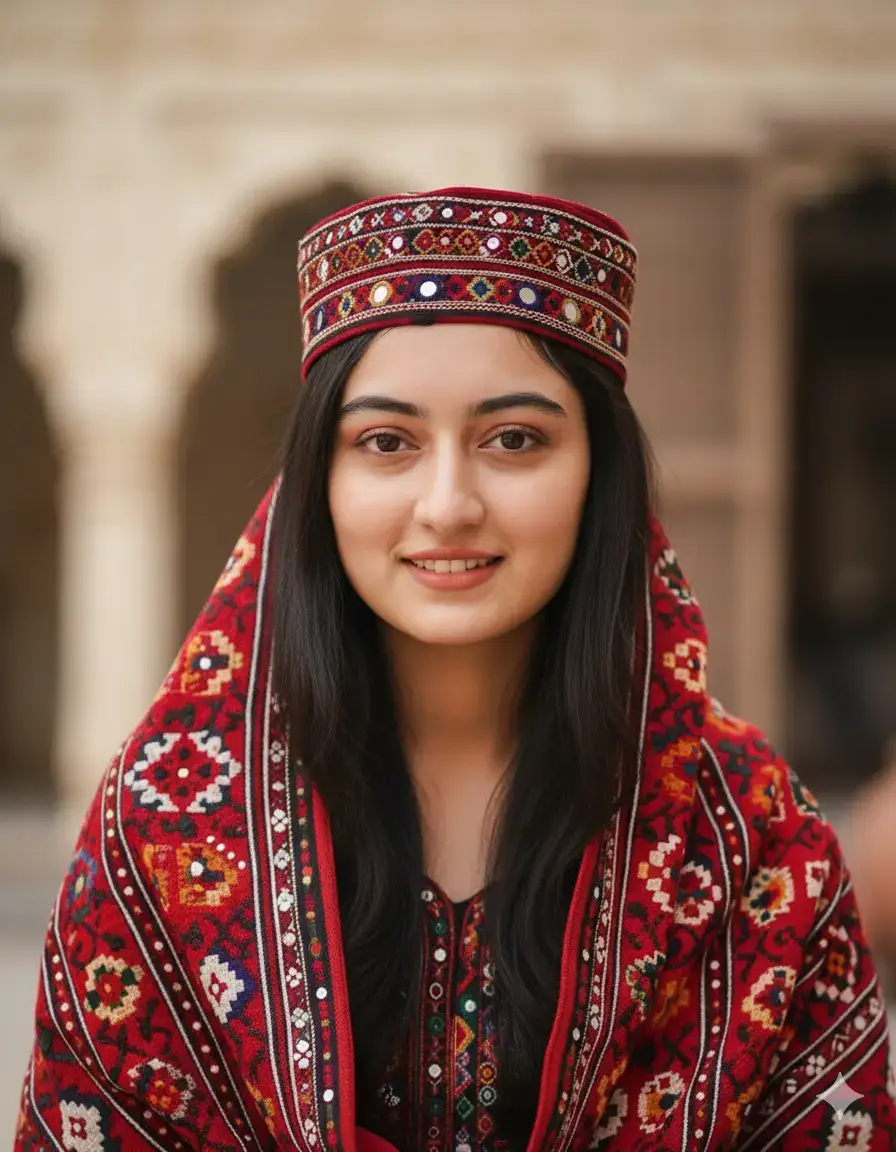 A traditional cultural Sindhi women sitting and thinking deeply, wearing a classic Sindhi red topi with detailed embroidery, red ajrak draped gracefully on shoulders, dressed in traditional Sindhi black 100 shalwar kameez. Naturel soft light, realistic skin texture cinematic colors, authentic Sindhi cultural vibe, high-resolution portrait photography style, ultra-detailed face, normal smile sharp focus, background slightly blurred for depth, my face 100% same as in the reference image.
