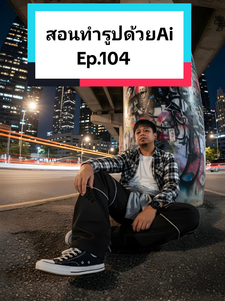 Create My Image [Attached Photo All Its Features] He wears a white t-shirt, cargo pants with drawstring details on the sides, a black and white flannel shirt, a long-sleeved shirt tied at the waist, a sports watch and black Converse. I sit comfortably on the asphalt under the city overpass, leaning against a large concrete pillar covered in paint, my right leg bent, with the Converse next to the camera covering the ground for a stunning fisheye view from a very low angle. Landscape: Realistic night scene of the city with car light trails (red, yellow and white stripes), tall illuminated buildings. Camera Features: Fisheye lens, Very low illumination, Screen aspect ratio 9:16, Night, High contrast and clarity of ultra-realistic urban fashion. Photo quality #Gemini #prompt #ai #street #Gta 