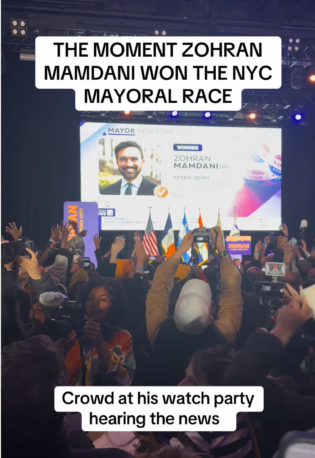 Zohran Mamdani has won NYC Mayors race. This is the moment the crowd at his watch party found out. #nyc #zohranmamdani #mamdani #newyorkcity @1010 WINS on 92.3 FM 