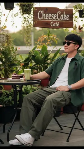 วันพุธ 🍵🌳🍃💚#Prompt #gemini Create a photo of a man, looking 100% like the original. Original hairstyle. Dark green T-shirt: A simple, round-neck, short-sleeved T-shirt. White T-shirt (undershirt): A white T-shirt is worn underneath to add layers and contrast. Dark green cargo pants: These are loose-fitting trousers with side pockets. This style is casual and athletic. White sneakers: Clean white sneakers that match the outfit. A metal watch, black sunglasses, and a black ribbon (bow or crossover) are pinned to the left chest. She's leaning back, facing left, and smiling slightly. Background and Atmosphere: She's sitting next to a small, dark, round table with a black iPhone, a creamy matcha latte, and a plate of chocolate cake. In the background, a cafe atmosphere is displayed, with plants and potted plants. Behind the scene, there's a wooden sign that says 