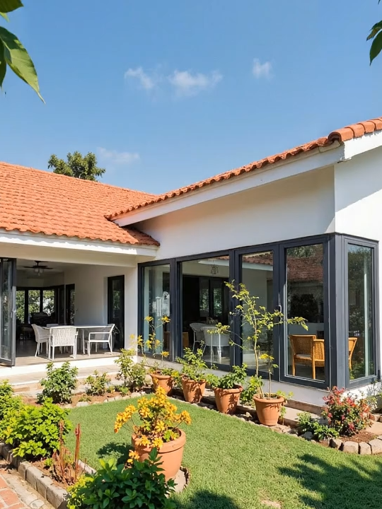 Đường gạch đỏ, mái ngói cam, hoa giấy nở hồng rực rỡ – chỉ nhìn thôi cũng thấy lòng dịu lại. 🌸 #sanvuon #sanvuondep #nhavuon #nepnha #nhacap4dep #nhavuondep #nhadep #tieucanh #nhacap4 #nhacap4hiendai