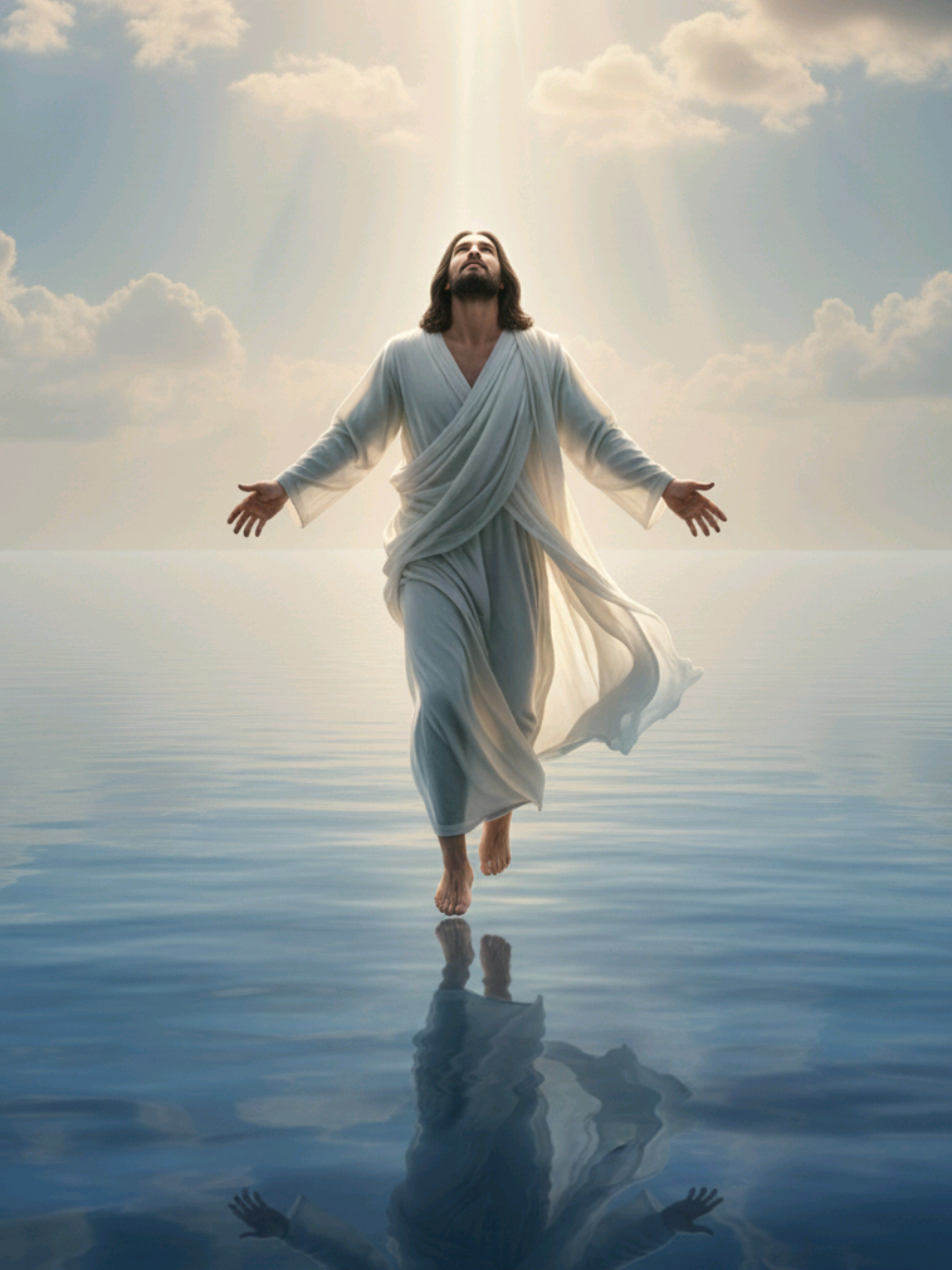 Caminhando sobre as águas, a fé em meio à tempestade. Uma cena de poder e serenidade divina.  Walking on water, faith in the midst of the storm. A scene of divine power and serenity. #Fé #Esperança #JesusCristo #Milagre #PoderDivino 