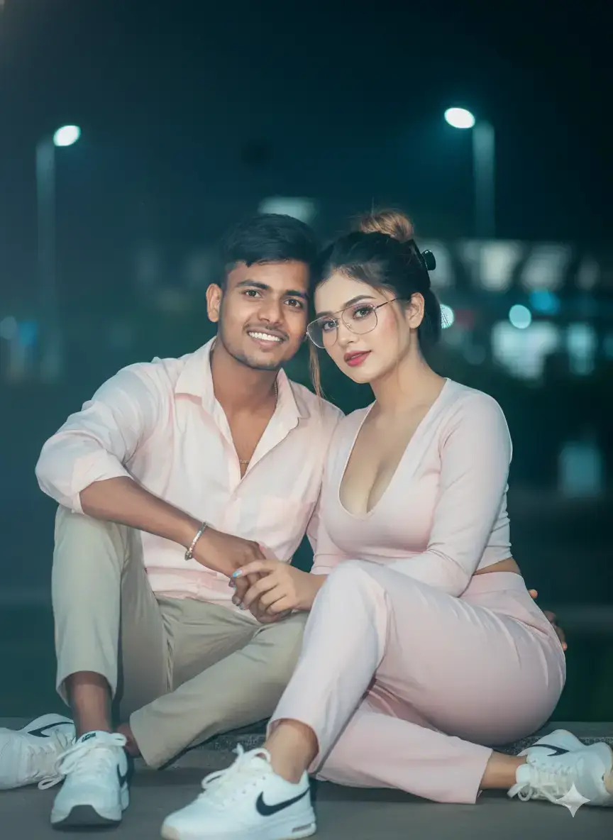 Gemini prompt 👇  Hyperrealistic portrait full body (face 100% same as reference) of a young couples in early pastel green Deep v neck, Long hair in a loose bun with black claw clip, soft makeup, pink-red lips, clear glasses and nike sneakers. Together in romantic very close in soft smiles Sitting against night with direct flash creating a soft diffused glow and light skin reflection. Cool bluish tone, slight grain, sexy gaze, cinematic editorial 8K look. my image generate don't change face.#creatorsearchinsight #gemini #chatgptprompts #videoviral #Aaryansharma_LearnOnTiktok @꧁🦋💫𝕶𝖚𝖗𝖒𝖎 𝕼𝖚𝖊𝖊𝖓🦋꧂ @Soni Shah🖤🥀 @ÃMÂÑ SÏÑGH💗💗(Sel_fish_b_0_y) @subekshyachy2 @Bhojpuri Queen 👑 @Anjali Queen 👑 @Hancy,Queen 👑❤️ @puja🌹mehta🌹🌹🌹🌹🌹🌹🌹🌷🌷 
