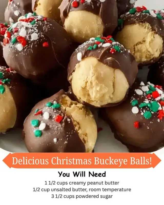 🎄✨ Delicious Christmas Buckeye Balls! ✨🎄 Ingredients: 1 1/2 cups creamy peanut butter 1/2 cup unsalted butter, room temperature 3 1/2 cups powdered sugar, sifted 8 oz chocolate melting wafers 1/2 cup holiday sprinkles (optional) Instructions: In a bowl, beat together peanut butter and butter until smooth. Gradually mix in powdered sugar until a thick dough forms. Roll into 1-inch balls and place on a lined baking sheet. Freeze for 20–30 minutes to firm up. Melt chocolate wafers according to package instructions. Using a toothpick, dip each peanut butter ball into melted chocolate, leaving the top exposed like a traditional buckeye. Place back on the tray, sprinkle with holiday sprinkles if desired, and chill until set. Serve chilled and enjoy! #phototrend #chocolate #holidaybaking #baking #Recipe