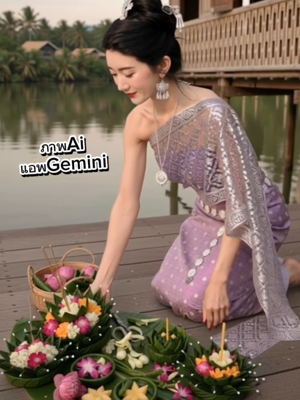 #สอนทำภาพAi #ภาพAi #Gemini #ชุดไทยประยุกต์  สร้างภาพขึ้น ผู้หญิงหน้าตาเหมือนกับภาพที่แนบ มา 100% โดยไม่เปลี่ยนแปลงใบหน้า กำลังนั่งถือกระทงใบตองที่สวยงาม ธูปกับเทียนไม่ต้องจุด และรอบๆข้างหน้า มีอุปกรณ์การทำกระทงวางอยู่ หน้าตาสดใส มีออร่า ใส่ชุดที่แนบในรูปรวมกันเหมือนจริงที่สุด หุ่นผอม ผมยาวสีน้ำตาล เข้มดัดลอน มุมกล้องปรับตามความเหมาะสมให้ น่าสนใจ ภาพสมจริง รายละเอียดสูง ไม่ต้องใส่ตัว อักษรใดๆในรูปภาพ ฉากข้างหลังเป็นเหมือนบ้านไม้ริมน้ำ...