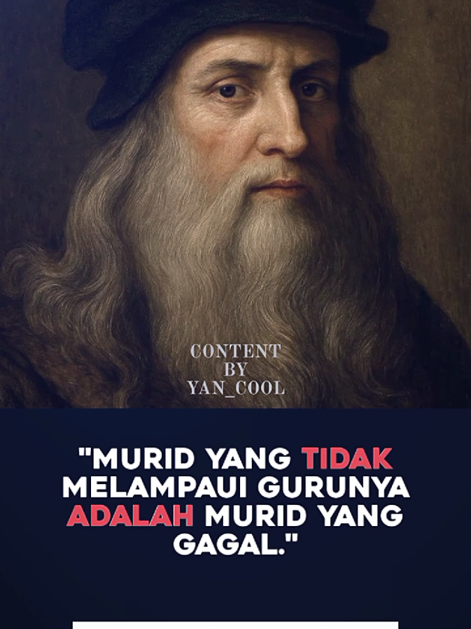 Secara sederhana, maksudnya adalah: > Seorang murid seharusnya tidak hanya meniru gurunya, tapi harus berkembang lebih jauh — melampaui apa yang sudah diajarkan. Leonardo da Vinci percaya bahwa tujuan seorang guru bukanlah mencetak tiruan dirinya, melainkan melahirkan generasi yang lebih hebat, lebih kreatif, dan lebih maju. Kalau murid hanya berhenti di level gurunya, berarti proses belajar belum benar-benar berhasil. ✨ Maknanya bisa dijabarkan jadi beberapa poin: 1. Belajar itu evolusi, bukan imitasi. Murid yang hanya meniru tanpa mengembangkan ide sendiri belum mencapai potensi penuhnya. 2. Guru sejati ingin muridnya melebihi dirinya. Karena keberhasilan seorang guru diukur dari seberapa jauh muridnya bisa berkembang. 3. Kemajuan ilmu dan kreativitas terjadi kalau generasi berikutnya melampaui generasi sebelumnya. Contohnya, kalau Da Vinci hanya meniru gurunya, mungkin dia nggak akan jadi pelukis, insinyur, dan penemu besar seperti yang kita kenal sekarang. --- Kalimat ini bisa juga dipahami sebagai tantangan bagi siapa pun yang belajar: jangan puas hanya bisa seperti orang yang kamu pelajari darinya — tapi jadilah versi yang lebih baik. #katakata #motivasi #leonardodavinci #monalisa #masukberanda 