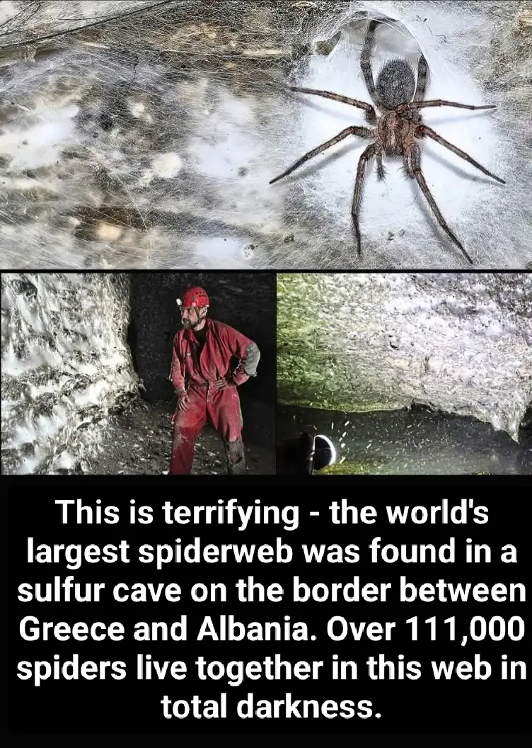 This is terrifying! the world’s largest spiderweb was found in a sulfur cave on the border between Greece and Albania. Over 111,000 spiders live together in this web in total darkness. This is the first time scientists have seen these two common spider species, Tegenaria domestica (the barn funnel weaver or domestic house spider) and Prinerigone vagans, living together in such huge numbers and cooperating to build a massive web.  Normally, these types of spiders do not form groups or share space like this. The discovery surprised the researchers, especially because scientists expected that one species would hunt the other, but that does not happen in the cave, possibly because it is so dark that vision does not work well. Instead of hunting each other, these spiders eat a type of small fly called non-biting midges. The midges themselves feed on slimy biofilms made by bacteria that live in the cave’s sulfur-rich environment.  The cave is very special because it was formed by sulfuric acid, and it has a stream that carries hydrogen sulfide, which helps the bacteria, midges, and spiders survive.