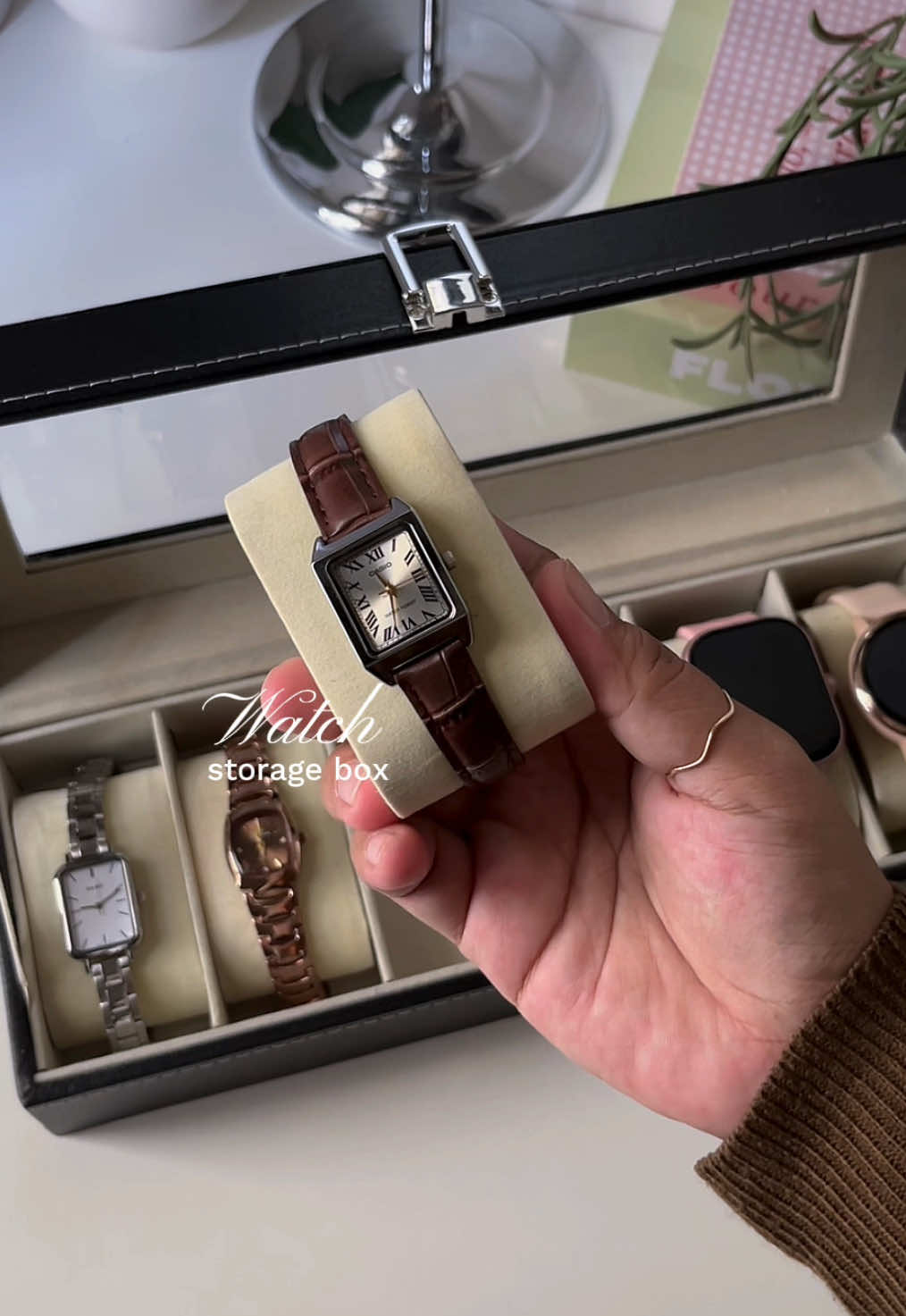 aesthetic watch organizer 🎀💬 —jam tangan jadi lebih rapi dan anti debu 🤎 #watchstorage #watchorganizer #storagebox #watch 