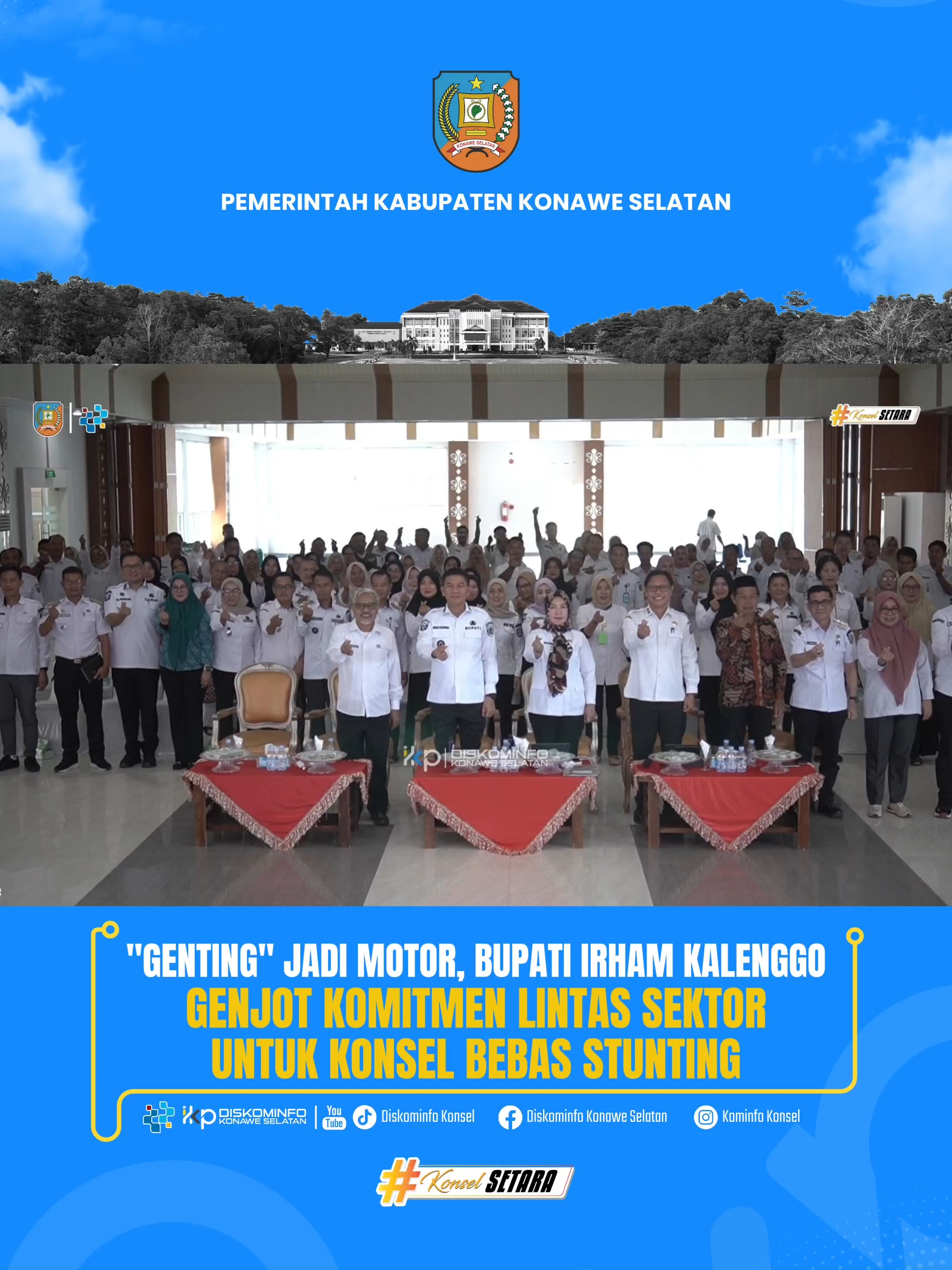 GENTING Jadi Motor, Bupati Irham Kalenggo Genjot Komitmen Lintas Sektor untuk Konsel Bebas Stunting KONAWE SELATAN – Pemerintah Kabupaten Konawe Selatan (Konsel) menetapkan Program Gerakan Orang Tua Asuh Cegah Stunting (GENTING) sebagai motor percepatan utama dalam upaya penanganan stunting di wilayah tersebut. Komitmen ini ditegaskan oleh Bupati Irham Kalenggo saat memimpin Rapat Koordinasi (Rakor) Tim Percepatan Penurunan Stunting (TPPS) III Tahun 2025 di Auditorium Kantor Bupati, Rabu (5/11/2025). Bupati Irham Kalenggo mengapresiasi penurunan signifikan angka stunting di Konsel. Meskipun data Survei Status Gizi Indonesia (SSGI) menunjukkan prevalensi sebesar 21,3%, data real-time EPPBGM Puskesmas per September 2025 mencatat penurunan drastis hingga mencapai 9,13%—angka yang berada di bawah target nasional. Penanganan stunting disebut Bupati sebagai bagian krusial dari visi pembangunan daerah “KONSEL SETARA – Sehat, Cerdas, dan Sejahtera”, dan merupakan ancaman serius terhadap kualitas Sumber Daya Manusia (SDM) masa depan. Meskipun capaian di bawah 10% diapresiasi, Bupati mendesak agar gerakan pencegahan terus diperbesar dan validitas data wajib dimutakhirkan. Kepala BKKBN Konsel, dr. Boni Lambang Pramana, memaparkan bahwa Konsel berhasil menurunkan stunting secara signifikan pada 2024 (turun 12,3 poin) dan kini memiliki posisi yang lebih baik dari rata-rata provinsi. Ia menekankan pentingnya menjaga keberlanjutan penurunan ini melalui empat fokus utama: Intervensi Spesifik: Gizi untuk ibu hamil, baduta, dan balita. Ketahanan Pangan: Diversifikasi protein hewani di tingkat keluarga. Penguatan Konvergensi: Posyandu aktif dan koordinasi lintas sektor. Audit dan Monitoring: Audit kasus stunting by-name by-address serta kaderisasi melalui TPPS. Sementara itu, Kepala Dinas Kesehatan Konsel, Nurlita Jaya AS, S.Sos., M.Kes, menjabarkan tiga strategi teknis yang difokuskan pada: Penguatan Data dan Pengukuran: Wajib ukur balita rutin dan pelaporan keluarga berisiko stunting. Intervensi Spesifik dan Sensitif: Fokus 1.000 Hari Pertama Kehidupan (HPK), mencakup program gizi, Pemberian Makanan Tambahan (PMT), dan edukasi ASI eksklusif. Penguatan Ekonomi dan Keluarga: Alokasi Dana Desa, pemberdayaan UMKM pangan lokal, dan implementasi GENTING, serta perbaikan sanitasi dan air bersih. Untuk mendukung implementasi di lapangan, Dinkes Konsel menginisiasi lima gerakan utama: Gerakan aksi bergizi: Pencegahan anemia pada remaja. Gerakan #BumilSehat: Peningkatan pemeriksaan ibu hamil. Gerakan #PosyanduAktif: Mendorong cakupan pemantauan tumbuh kembang balita. Gerakan #JamboreKader: Menguatkan kapasitas kader kesehatan. Gerakan #CegahStuntingItuPenting: Edukasi masyarakat luas melalui pendekatan ABCDE. Nurlita menegaskan bahwa peran Camat dan Kepala Desa sangat strategis dalam menyinkronkan intervensi spesifik (kesehatan/gizi) dan sensitif (air bersih, sanitasi, KB, pencegahan perkawinan anak) secara efektif. Bupati Irham Kalenggo menyampaikan apresiasi dan terima kasih setinggi-tingginya kepada seluruh lintas sektor, mulai dari OPD terkait, Camat, Kepala Puskesmas, TP PKK, Kepala Desa/Lurah, hingga Tokoh Masyarakat dan Kader Posyandu. 