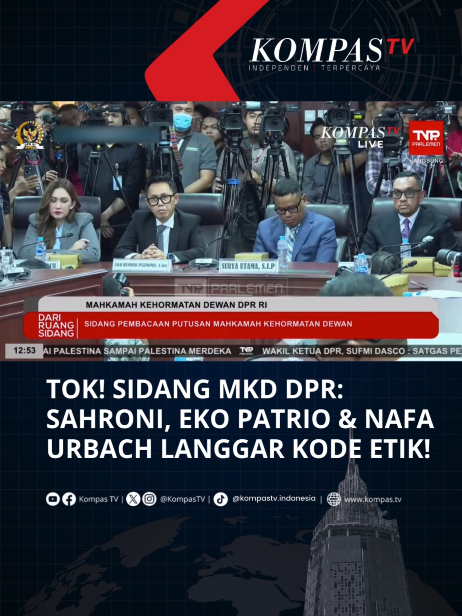 Anggota DPR Nonaktif Sahroni, Nafa Urbach, Eko Patrio, Adies Kadier hingga Uya Kuya menghadiri sidang pembacaan putusan Mahkamah Kehormatan Dewan (MKD) terkait putusan etik pada hari Rabu (5/11/2025). Berikut hasil putusan dari MK: - Adies Kadir tidak terbukti langgar kode etik dan diminta berhati-hati menyampaikan informasi. Adies Kadir juga diminta diaktifkan sebagai Anggota DPR. - Nafa Urbach dinilai melanggar kode etik dan diminta berhati-hati menyampaikan pendapat. Nafa juga di-nonaktifkan sebagai Anggota DPR selama 3 Bulan. - Surya Utama atau Uya Kuya dinilai tidak terbukti langgar kode etik, dan diminta diaktifkan sebagai anggota DPR. - Eko Patrio dinilai terbukti langgar kode etik, dan di-nonaktifkan selama 4 bulan sebagai Anggota DPR. - Sementara Sahroni, dinilai langgar kode etik dan dinon-aktifkan sebagai anggota DPR selama 6 bulan. Bagaimana pendapatmu?  Simak video selengkapnya dan dapatkan berita terkini lainnya di www.kompas.tv serta youtube.com/kompastv #SOROTKompasTV #TikTokBerita