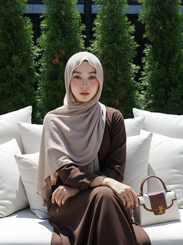 Prompt: Buatkan potret hyperrealistic seorang wanita muda jangan rubah fitur wajahnya , diluar ruangan yang estetik, seorang wanita muda dengan pasmina panjang , duduk santai di sofa putih besar dengan banyak bantal, sedikit memiringkan kepalanya. Makeup: blush on, contour pipi dan hidung, full lips Detail Pakaian dan Aksesori: Wanita tersebut mengenakan gaun modis panjang berwarna cokelat gelap. Aksesori minimalis, termasuk gelang tipis berwarna emas di kedua pergelangan tangan. Di sofa di sampingnya terdapat tas tangan kecil berwarna ivory dengan aksen kulit cokelat. Gaya, Suasana, dan Cahaya: Gaya: Minimalis, chic, santai-elegan, outdoor cafe/patio vibe. Suasana: Tenang, nyaman, berkelas, dengan nuansa hijau alami. Cahaya: Pencahayaan terik dari atas, menunjukkan bayangan, pada siang hari yang cerah. Cahaya menyorot wajah dan pakaian dengan baik. Latar Belakang dan Komposisi: Latar belakang didominasi oleh tanaman hijau terang yang rimbun dan terawat (mungkin jenis conifer atau semak tinggi) yang menciptakan dinding alami. Terdapat beberapa detail struktural gelap di latar belakang (mungkin pagar atau rangka atap). Komposisi full body yang fokus pada subject tersebut . Fotografi digital berkualitas tinggi, Fokus pada subject, dengan latar belakang bokeh / blurry di latar belakang. Ekspresi wajah yang tenang dan sedikit menoleh ke kamera.