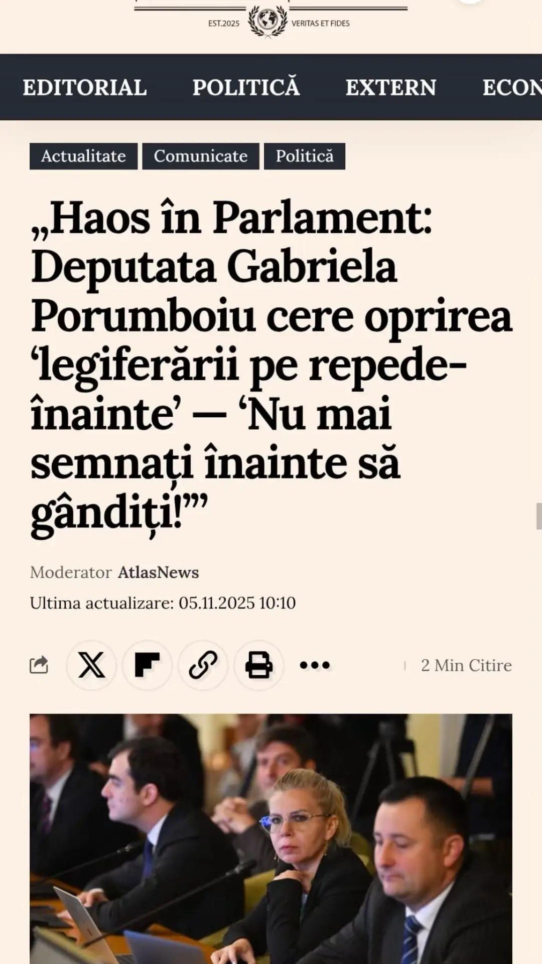 Deputata Gabriela Porumboiu (Partidul Oamenilor Tineri) a lansat astăzi, în plenul Camerei Deputaților, un semnal de alarmă privind modul haotic în care se votează legile în Parlamentul României. „Parlamentul, care ar trebui să fie modelul de rigoare și transparență, a devenit simbolul improvizației”, a spus Porumboiu, acuzând graba și lipsa de analiză în procesul legislativ. Ea a descris o realitate tot mai frecventă în forul legislativ: legi importante votate pe fugă, fără studiu de impact și fără ca parlamentarii să aibă timp real pentru consultare. „Nu este normal să aflăm dimineața ce votăm la prânz. Nu este normal ca proiecte cu impact bugetar, fiscal și social să ajungă pe ordinea de vot cu două ore înainte.” Deputata a cerut public introducerea unei reguli clare: niciun proiect de lege să nu poată intra la vot final fără a fi transmis tuturor parlamentarilor cu minimum cinci zile lucrătoare înainte. „Democrația nu se face pe grabă. Se face cu transparență, respect și timp pentru analiză”, a subliniat Porumboiu, avertizând că „haosul nu e semn de putere, ci semnul unui sistem care și-a pierdut busola.” În final, a transmis un mesaj tranșant: „Până atunci, da, avem o harababură controlată. Întrebarea este: cine o controlează?” Prin această intervenție, Gabriela Porumboiu se poziționează ca una dintre vocile care cer o reformă procedurală reală în Parlament, acuzând faptul că România plătește scump pentru graba legislativă: legi confuze, instituții blocate și costuri pentru cetățeni. #foryoupage❤️❤️  #craiova  #atlas  #romania  #viitor  @Atlas News România 