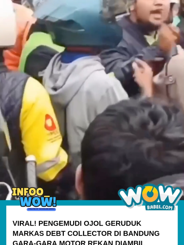 WOWBABEL.COM – Puluhan pengemudi ojek online (ojol) mendatangi tempat yang diduga sebagai markas mata elang alias debt collector (DC) di Jalan BKR, Kecamatan Regol, Kota Bandung, Selasa (4/11/2025) sore. Aksi ini sempat memicu ketegangan di lokasi. Salah satu ojol bernama Ripal (29) mengatakan, aksi tersebut dilakukan sebagai bentuk solidaritas sesama rekan ojol.  Hal itu dipicu oleh kabar bahwa dua motor milik ojol diambil paksa oleh sekelompok pria yang diduga merupakan mata elang. “Ini bentuk solidaritas. Tadi ada dua motor milik rekan kami diambil paksa sama mata elang di markasnya,” ujar Ripal di lokasi. Menurut Ripal, peristiwa itu terjadi sekitar pukul 13.00 WIB. Saat itu, dua pengemudi ojol tengah melintas di kawasan Jalan BKR, lalu tiba-tiba diberhentikan oleh sekelompok pria dan motor mereka disita secara paksa. Mendengar kabar tersebut, sekitar 50 pengemudi ojol langsung berkoordinasi melalui grup komunikasi internal.  Mereka sepakat untuk mendatangi lokasi yang disebut-sebut sebagai markas mata elang guna meminta klarifikasi sekaligus mengambil kembali motor rekan mereka. “Kami nggak terima motor rekan kami diambil begitu saja. Kalau memang ada urusan kredit, harusnya lewat jalur resmi, bukan dengan cara kasar,” tambah Ripal. Seorang pengemudi ojol lainnya, Nuke, mengungkapkan bahwa pengambilan motor itu dilakukan oleh sekitar lima orang yang diduga debt collector.  Ia juga menyebut rekannya sempat mendapat perlakuan kasar saat kejadian. “Ada dugaan tindakan kekerasan juga. Teman kami sempat ditarik-tarik waktu motornya diambil,” kata Nuke. Situasi di sekitar Jalan BKR sempat memanas lantaran massa ojol memadati area depan markas yang diduga menjadi tempat para debt collector tersebut.  Namun ketegangan berhasil diredam setelah pihak kepolisian datang ke lokasi untuk mengamankan situasi. Hingga berita ini diturunkan, belum ada keterangan resmi dari pihak kepolisian terkait peristiwa tersebut.*** #wowbabelmedia #infowow #wowbabel 