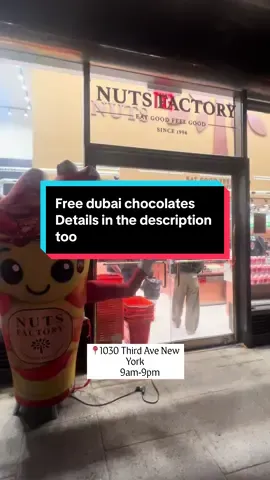 Spotted: 👀 Free Dubai Chocolates🍫  A huge thank you to @nutsfactory for inviting me to their grand opening at 1030 Third Ave! It was an incredible evening filled with scrumptious food, drinks, and desserts! Here are my must-try items that you absolutely need to taste! The dark chocolate-covered Dubai Strawberries 🍓, Cookie Fusion Dubai Chocolate bar, Dubai Chocolate Baklava, and the cake-in-a-box brownie were literally my favorites. Everything I ate and took home was delightful, creamy, and utterly delicious 🤤 I think I might have slipped into a dessert coma!  Juicy details below on how to claim your free chocolate bars! ⬇️ 🍫  📍1030 Third Ave, New York       9am-9pm  1. Tell the cashier, 