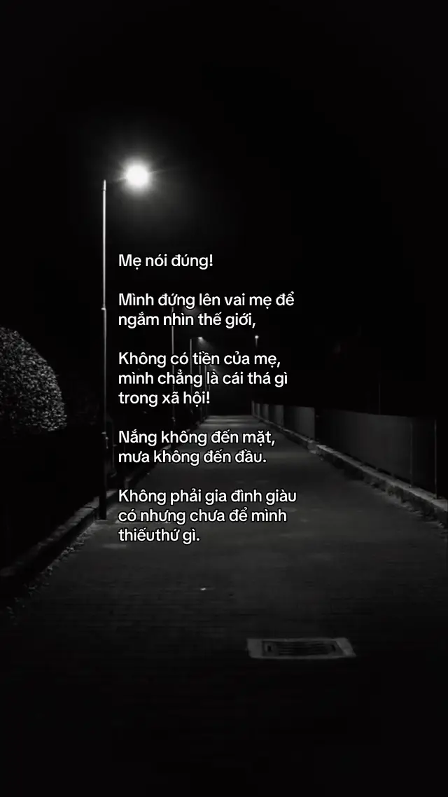 Mẹ nói đúng! Mình đứng lên vai mẹ để ngắm nhìn thế giới, Không có tiền của mẹ, mình chẳng là cái thá gì trong xã hội! Nắng không đến mặt, mưa không đến đầu. Không phải gia đình giàu có nhưng chưa để mình thiếu thứ gì.#tranquan0209 #cuocsong #tamtrang #viralvideo #foryou 