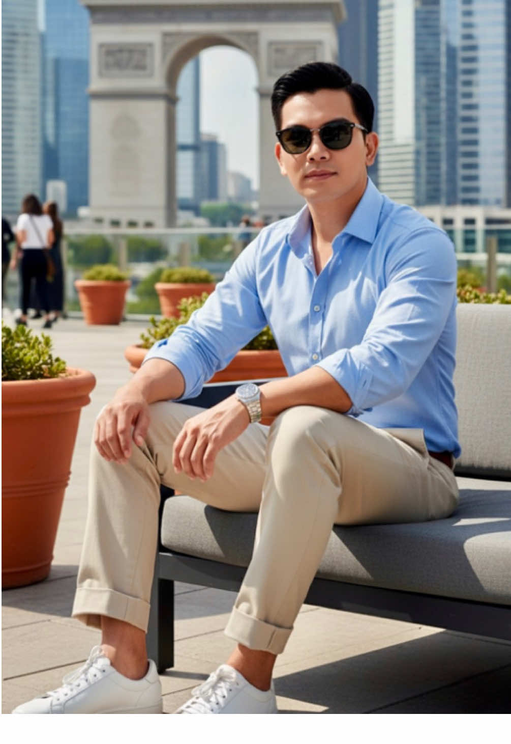 a man relaxing outdoors with a modern cityscape in the background.sitting casually at large sofa.  Outfit: He is impeccably dressed in a smart casual outfit. He wears a light blue long-sleeved button-up shirt, with the top few buttons undone, #photography #photoshoot #tiktoktrending #travel #geminiaiprompt 