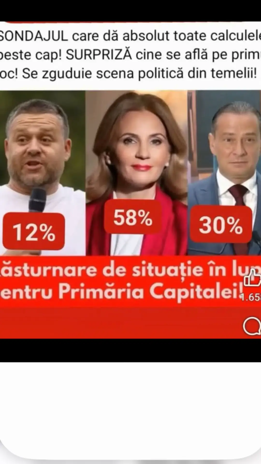 Sunt profund fericită! ❤️   Anca Alexandrescu, omul în care cred și pe care îl susțin cu toată inima pentru Primăria Capitalei, are în sondaje un incredibil 58%!   Nu e doar o cifră. Este vocea poporului care începe să se facă auzită. Este semnul că românii s-au trezit, că valorile, verticalitatea și curajul încep din nou să conteze.   Anca nu s-a ascuns niciodată în spatele unui partid sau al unei funcții. A stat în față, cu demnitate, și a spus adevărul atunci când alții tăceau. A fost acolo pentru oameni, pentru dreptate și pentru România.   Astăzi, acest 58% nu este doar despre ea. Este despre noi toți — despre fiecare om care s-a săturat de minciună, de promisiuni goale și de jocuri de culise. Este despre speranța că Bucureștiul poate redeveni un oraș al oamenilor, nu al intereselor.   Felicitări, Anca! 💫   Lupta abia începe, dar lumina e tot mai puternică.   #AncaAlexandrescu #PrimariaCapitalei #VoceaRomanilor #SchimbareaIncepeAici @Realitatea Plus @Anca Alexandrescu @GEORGE SIMION @HD Hartmann Oficial 
