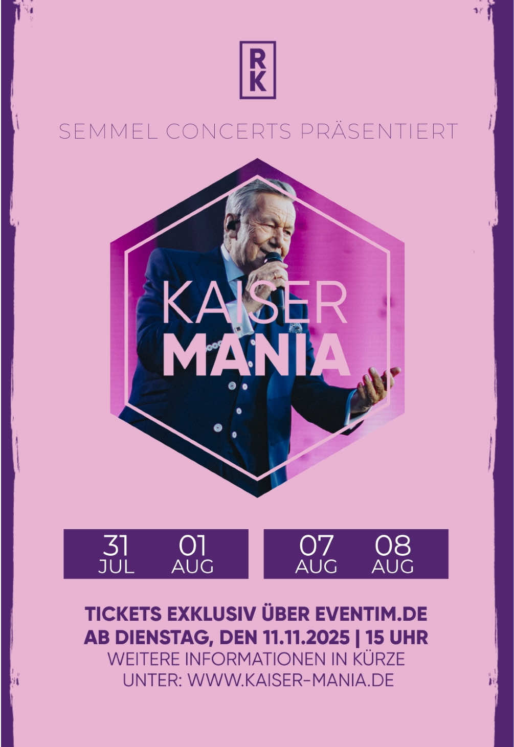 Liebe Freundinnen, liebe Freunde, die KAISERMANIA ist inzwischen nicht nur ein fester Termin in meinem Live-Kalender, sondern auch in Eurem. Viele von Euch haben sicher schon darauf gewartet - und jetzt ist es endlich soweit! Neben den Terminen für die KAISERMANIA 2026 kann ich Euch heute auch die Informationen zum Ticketvorverkauf mitteilen: Am Dienstag, den 11. November 2025, um 15 Uhr startet der exklusive Vorverkauf über www.eventim.de. Alle weiteren Informationen findet Ihr wie immer auch auf www.kaiser-mania.de. Meine Band und ich freuen uns schon jetzt auf ein weiteres unvergessliches Jahr mit Euch am Dresdner Elbufer! Bis bald Euer Roland