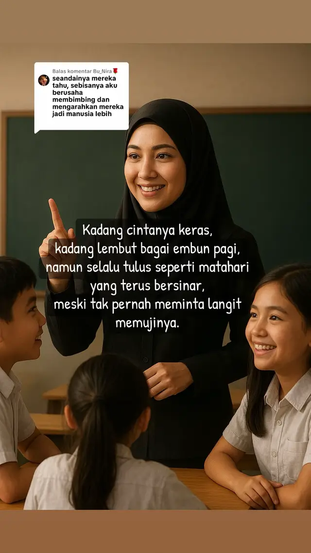 Membalas @Bu_Nira🌹 Guru mencintai bukan untuk dimiliki, tapi agar muridnya tumbuh, melampaui dirinya.Cintanya tidak menuntut balasan cukup melihat muridnya berhasil, itu sudah menjadi hadiah terindah.🥰🥹