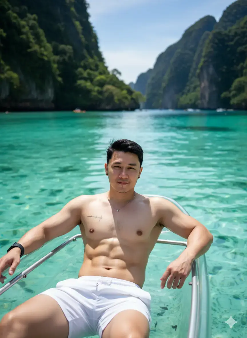 A fit young man with dark hair, shirtless and wearing white swim shorts, is lounging comfortably in a transparent, clear kayak on calm, turquoise water. The setting is a stunning tropical lagoon with towering, lush green limestone karsts and cliffs in the background, partially silhouetted in the bright midday sun. Close-up Cinematic photo, natural lighting, high detail, travel photography.