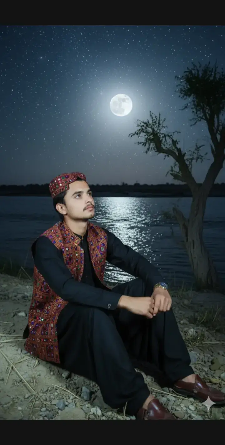 A realistic and cinematic portrait of a young man sitting calmly on the riverbank at night under the full moon. He is wearing traditional sindhi attire: a black shalwar kamees with an embroidery ajrak waistcoat and a sindhi cap. The moonlight glows in the night sky filled with starts, reflecting softly on the river water. A tree is beside him, and he looks thoughtfully towards the sky, creating a peaceful and soulful atmosphere.  #pizzzzzzzzzzzz  #foryoupagee 