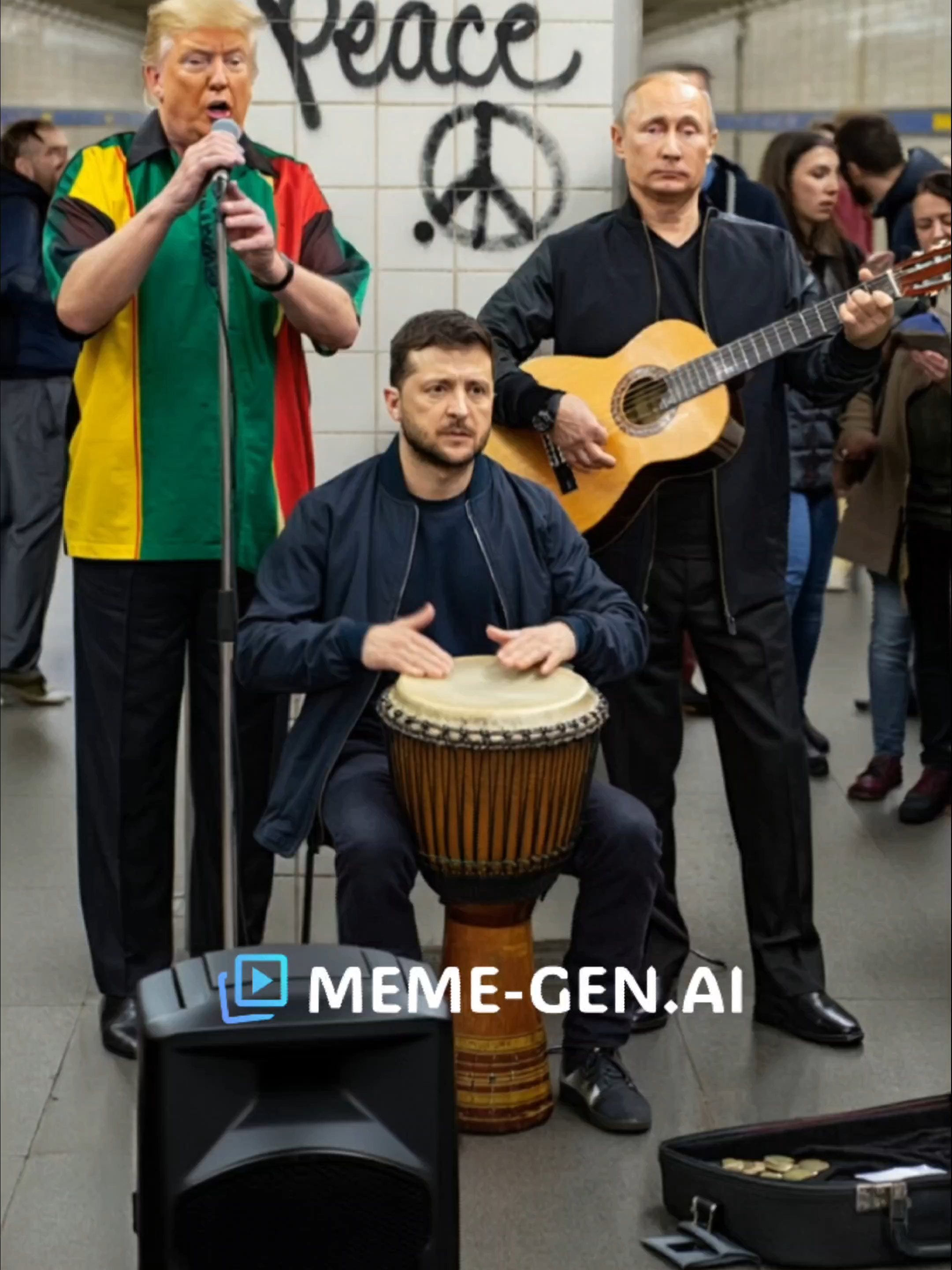 Trump sings. Putin plays guitar. Zelenski on djembe. Random subway → full concert. Just AI satire — nothing serious. 🎤🚇 #AIComedy #Funny #Satire #SubwayJam #ForYou