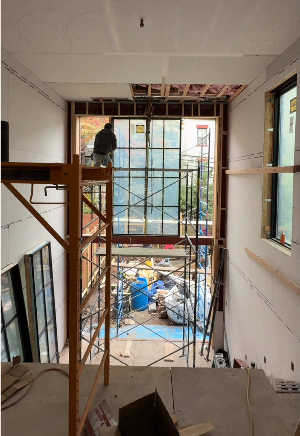 At our five-story brownstone renovation project that we call Once Upon A Reno, we turned the back section of the parlor floor and garden level into a double height space that will flood the home with light! (don’t worry, we are preserving and repurposing the stained glass windows) #renovation #interiordesign #historichome #oldhouse #fyp 