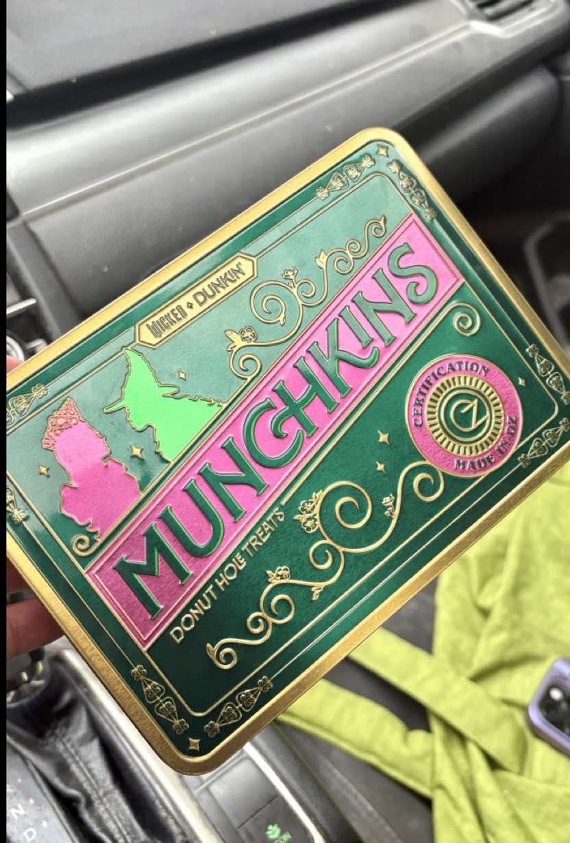 Wicked x Dunkin Collab 💚☕️  they have a green Elphaba matcha, Glinda’s pink drink and some fun merch like this Munchkin tin! 😍 @Dunkin' @Wicked: For Good 