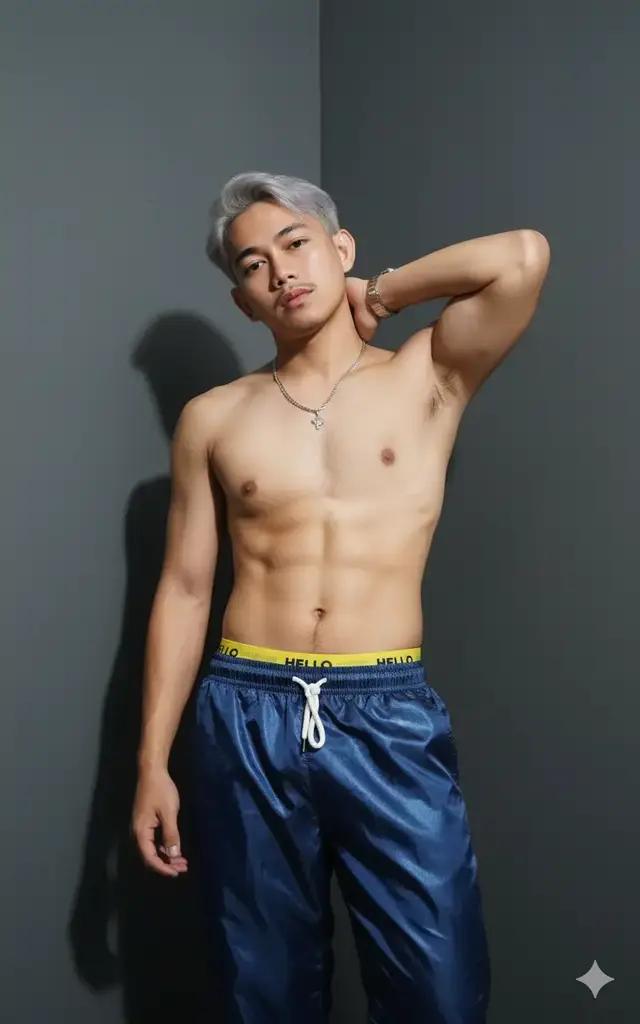 Foto menampilkan seorang pria muda dengan rambut berwarna abu-abu muda atau platinum, berpose topless menunjukkan tubuh bagian atasnya yang ramping dan bugar. Ia mengenakan celana panjang longgar berwarna biru tua atau biru dongker dengan tekstur mengilap, mungkin satin atau kulit imitasi. Pria tersebut menoleh sedikit ke arah kamera dengan ekspresi wajah yang tenang atau sedikit serius, dan tangan kanannya diletakkan di belakang lehernya, menonjolkan otot bisep dan bahunya. Ia juga memakai kalung dengan liontin kecil serta jam tangan di pergelangan tangan kirinya. Pencahayaan di foto tampak lembut, dengan latar belakang dinding polos berwarna abu-abu gelap, menciptakan kontras yang fokus pada subjek.