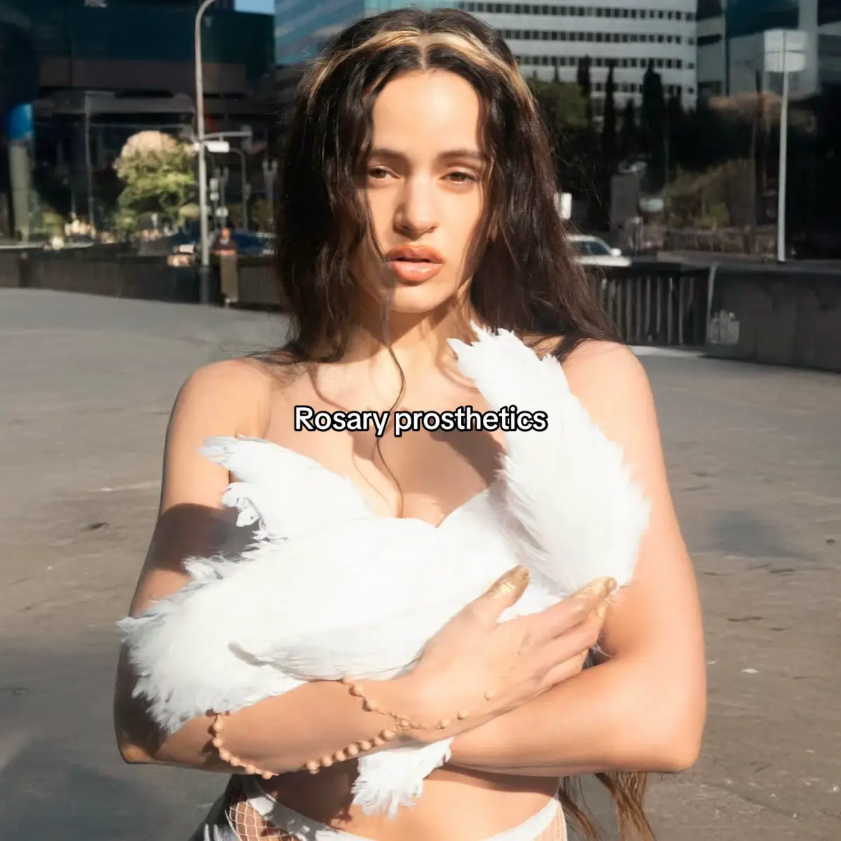 ROSALÍA in a new promotional image for LUX photographed by Noah Dillon, wearing a rosary prosthetic on her arm. #rosary #prosthetics #sfx #lux #rosalía 