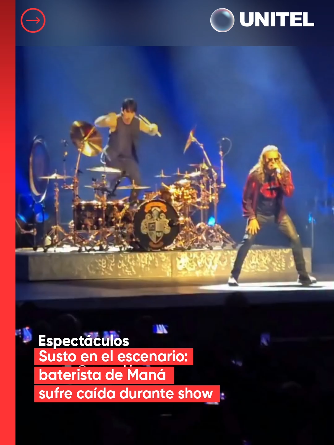 ¡Al piso! Alex González, baterista de Maná, sufrió una aparatosa pero divertida caída durante un concierto en Dallas. Se levantó de inmediato entre aplausos y el show continuó sin pausas #Unitel #Espectáculos #AlexGonzález #Maná #Concierto