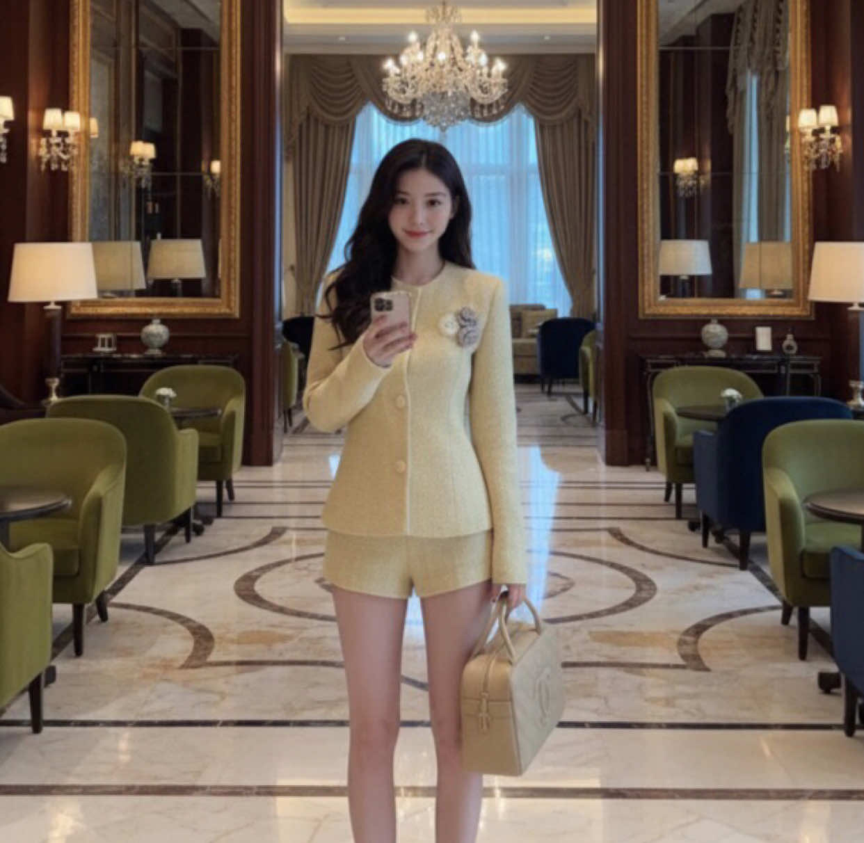 Set đồ này mang phong cách thanh lịch và thời thượng. Thiết kế áo khoác ngắn cổ tròn, dáng peplum nhẹ giúp tôn vòng eo, phối cùng quần short đồng chất liệu tweed tạo cảm giác vừa sang chảnh vừa trẻ trung. Tông vàng pastel khiến tổng thể thêm dịu dàng, tươi sáng, phù hợp cả cho mùa xuân – thu. Chi tiết hoa cài ngực là điểm nhấn nữ tính tinh tế, kết hợp túi xách ton-sur-ton tạo nên outfit cực “chic”. #OOTD #SetTweed #PhongCáchSangTrọng #FashionChic