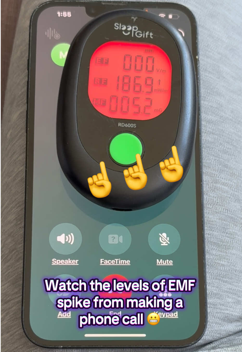 Invisible but not un-detectable.  Cellphone calls can emit loads of EMF radiation to our body ☢️  💟 TIP: always talk on speakerphone, never hold your phone to your ear.  🤍Learn more on how to stay protected at Sleepgift.ca  & follow for more!  #foryoupage #fyp #emf #radiation #emfmeter 