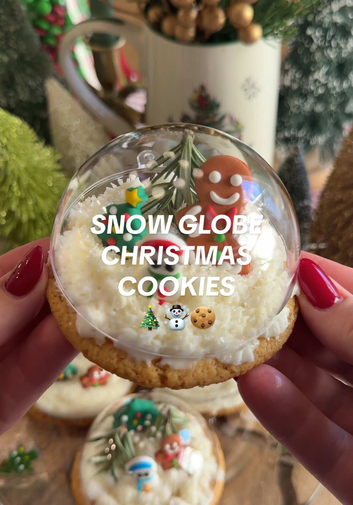 The cutest, easiest Christmas cookies ever! 🎄☃️🍪 Save this recipe to make with your kids, for Santa or a Christmas party!  How to make: - Roll prepared sugar cookie dough into balls about 1 inch in diameter and place on parchment lined baking sheet - Bake according to package directions, or until golden brown and firm - Pipe on vanilla or cream cheese icing in the pattern of your choice - I did the star tip in little blobs  - Dust with clear or white sanding sugar/sprinkles to mimic snow - Add festive icing decorations and rosemary to create a winter scene - Top with half of a clear fillable ornament to create the dome! #christmascookies #cookies #holidaybaking #christmasbaking #cookierecipe @Pillsbury @Betty Crocker @Wilton Cakes @Glad 