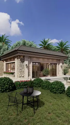 تصميم مميز وفريد لمجلس خارجي واهتمام بالتفاصيل لاضافة الأصالة والفخامة.  #gardenroom #outdoorliving #architecture #استراحة #majlis 