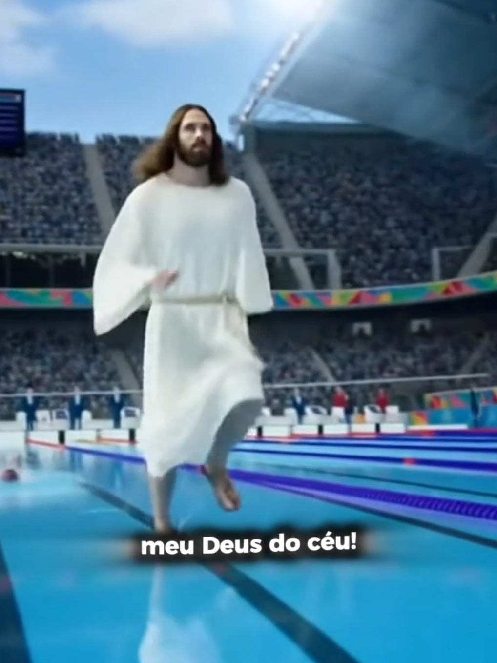 Ele disse que andava sobre as águas… mas não avisou que era atleta olímpico 😭💦 #iazoeira #feitoComIA #criAI #inteligenciaartificial #aihumor 