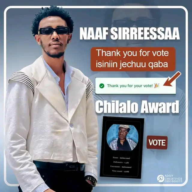 Voten kana dura tolaan naaf gochaa turtan guyyaa kaleessaa waaree boodaa eegalee qarshii tahee jira . Qarshii 20 (Vote category 3)innis karaa telebirr kan kaffalamudha(gaafa linki tuqxan sin gaafata ) Hanga ammaatti Vote 6400+ dursaa jirra Guyyaa VOTE n itti Xumuramu Baay’eetu hafa, namoonni dandeessan liinkiin gadii fayyadamuun vote naaf gochuu dandeessu🥰🙏🏾 Itoophiyaa keessa Warri jirtan Liinkii kana👇 https://www.tca2025.com/category/26 Itoophiyaan Ala namootni jirtan Liinkii 👇 https://tca2025.com/category/26 Hamma inni “Thankyou for your vote”isiniin jedhutti yaalaa🥰🙏🏾