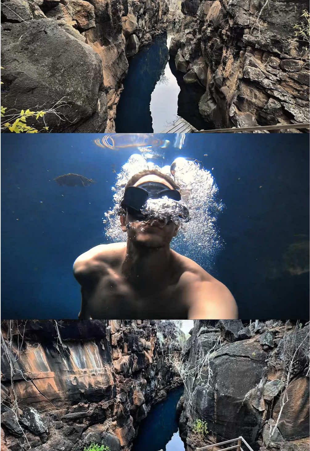 Las Grietas é uma formação natural criada por antigas erupções vulcânicas. 🌋 Entre paredões de lava, a água do mar se mistura com água doce subterrânea. 💧 O resultado é uma piscina natural de tons azul-turquesa impressionantes. 💙 Estava nublado, imagina se estivesse ensolarado? ☀️  #LasGrietasGalapagos #SantaCruzIsland #GalapagosIslands #BelezasNaturais #TurismoEcuador