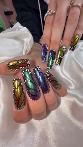 Chameleon butterfly nails🦋 Which butterfly nail is your favorite? 🦋  Black and white gel polish from shop linked in the bio!  Chameleon chrome from Amazon ✨  @hayliebean   #butterflynails #nailinspo #2024 #jvnailjourney #journey 
