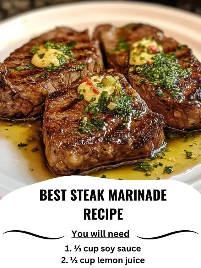Best Steak Marinade Recipe Ingredients: 1. ⅓ cup soy sauce 2. ⅓ cup lemon juice 3. ½ cup olive oil 4. ¼ cup Worcestershire sauce 5. 1 tbsp minced garlic 6. 1 tsp ground black pepper 7. ½ tsp salt 8. 1 tsp garlic powder 9. 1 tsp onion powder 10. 1 tbsp Italian seasonings 11. ⅛ tsp red pepper flakes 12. 4 tbsp cold butter 13. 4 rib eye steaks 14. Finely chopped parsley 15. Sea Salt to taste Directions: 1. Preparing the Marinade:    1.1. In a bowl, mix together soy sauce, lemon juice, olive oil, Worcestershire sauce, minced garlic, black pepper, salt, garlic powder, onion powder, Italian seasonings, and red pepper flakes.    1.2. Whisk the ingredients until well combined. 2. Marinating the Steaks:    2.1. Place the rib eye steaks in a shallow dish or resealable plastic bag.    2.2. Pour the marinade over the steaks, ensuring they are fully coated.    2.3. Cover the dish or seal the bag and refrigerate for at least 1 hour, or overnight for best flavor. 3. Cooking the Steaks:    3.1. Preheat your grill or skillet to medium-high heat.    3.2. Remove the steaks from the marinade and discard the excess marinade.    3.3. Season the steaks with sea salt on both sides.    3.4. Place the steaks on the grill or skillet and cook to your desired level of doneness, about 4-5 minutes per side for medium-rare.    3.5. Add a tablespoon of cold butter on top of each steak during the last minute of cooking to enhance flavor. 4. Serving:    4.1. Remove the steaks from the heat and let them rest for a few minutes.    4.2. Sprinkle finely chopped parsley over the steaks for a fresh touch.    4.3. Serve the deliciously marinated rib eye steaks hot, alongside your favorite sides. Preparation Time: 15 minutes | Cooking Time: 10 minutes | Total Time: 25 minutes | Calories: 500 kcal per serving | Servings: 4 servings #steak  #ComfortFood  #cooking  #recipes  #homemadrecipe 
