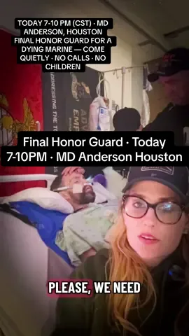 Please help us honor a dying Marine . Today, Nov 5th from 7-10 PM CST, together with Sgt. Lloyd’s parents, we will hold a Final Honor Guard at MD Anderson Cancer Center, 1515 Holcombe Blvd, Houston, TX. Sgt. Kevin Lee Lloyd, USMC, is in his final hours, dying of a 100% service-connected, combat-related injury — an instrumentality of war — after being ordered by a superior officer into the burn pits during his service in Iraq and Afghanistan. The Marine Corps has refused to assign him the CACO and honor guard he is entitled to. Please come quietly, softly, and respectfully to pay your respects. No children. No calls to the hospital. Visitors will be escorted by his mother or me. If you cannot attend, please send letters or cards to the P.O. Box listed on our website: www.thekevinlloydproject.org We are days from the Marine Corps Birthday and Veterans Day. Please share this so Sgt. Lloyd can go to his Lord and Savior free of pain, abandonment, and fear that his children will never know what he gave for them and for this country. ##StandWithSgtLloyd ##VeteransSupport##VeteransDay##Veteran##marinecorpsbirthday @@Burnpits360@@Nick Freitas@@❌TREBOREVOLI❌@@Jillian 🕊️@@Bunnie Xo 🪄@@Vet's Inner Voice@@SMALLSY BIG OG