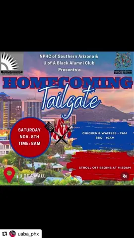 University of Arizona Homecoming Weekend in Tucson on November 7-8 will be a CELEBRATION! 🏈🏈 Homecoming Weekend Festivities 🏈🏈 Friday Nov 7th Bon Fire & Royalty Crowning  @ 7-8pm Pre Party  Saturday Nov 8th Homecoming Day UA/NPHC Black Alumni Tent/Tailgate will open @ 8:00AM 🙌🏾 Divine 9 Greek Strolling Competition will begin @11:00AM Game Kickoff is @ 1:30P vs Kansas  Saturday Night Homecoming victory after party begins @ 9pm @ Reforma  #beardown #uabaphx #phxsoul #homecoming2025