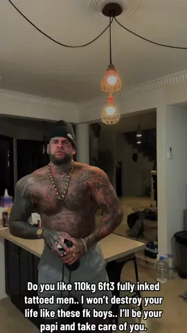 Do you like 110kg 6ft3 fully inked tattoed men.. I won’t destroy your life like these fk boys.. I’ll be your papi and take care of you. #tattoo #ink #inked #papi #fyp 