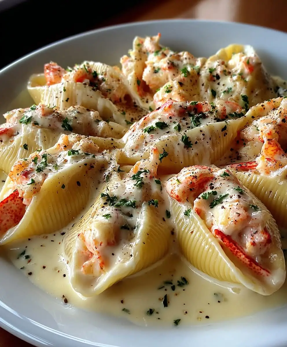 Lobster-Stuffed Shells in Garlic Cream Sauce 🦞🧄 This next-level pasta bake is a cheesy seafood dream come true! 📝 Ingredients : For the Shells & Filling: 20 jumbo pasta shells 1 1/2 cups cooked lobster meat, chopped 1 cup ricotta cheese #contentcreatorinsights #fyp #Recipe #viral 
